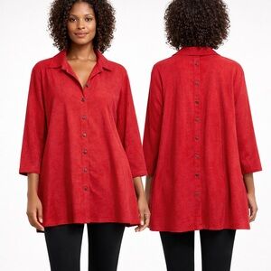 Toofan Red Button Front Tunic Top 3/4 Sleeve Flare Hem XL